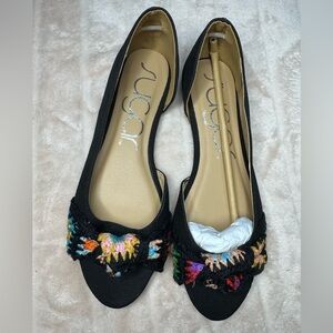 Sugar Black Open Toe Flats with Colorful Embroidery